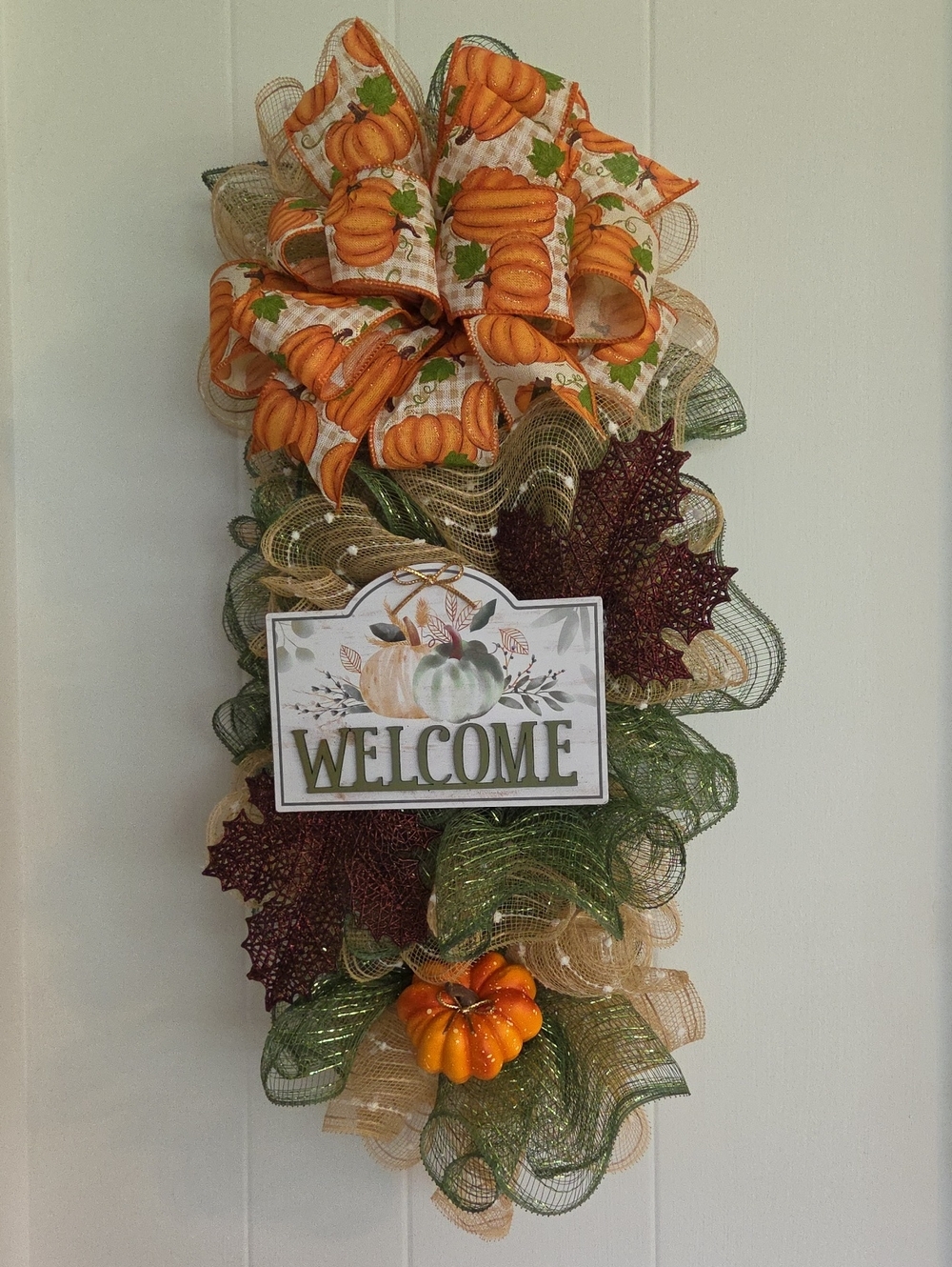Fall Autumn Pumpkin Welcome Door Swag Hanger - Orange & Green